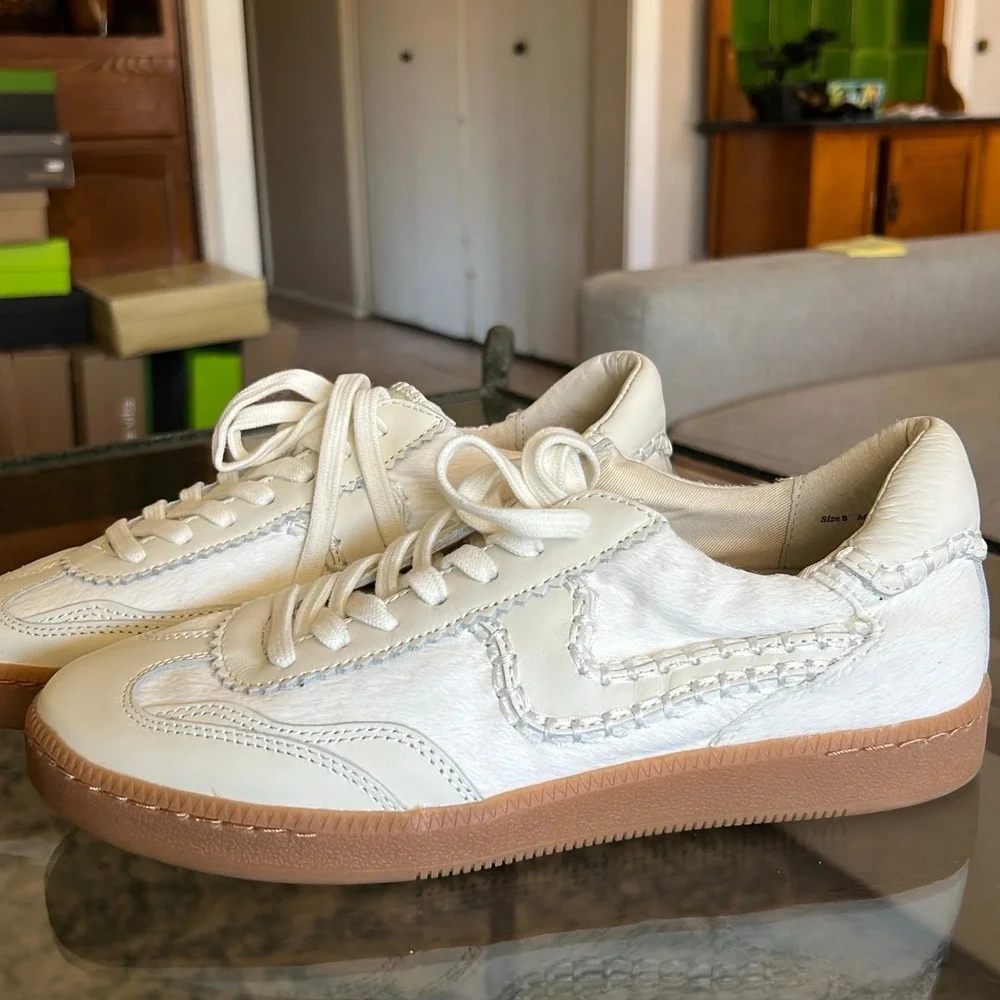 Dolce Vita Notice Stitch Sneakers Womens Size 8 Cream Leather / Calf Hair Shoes